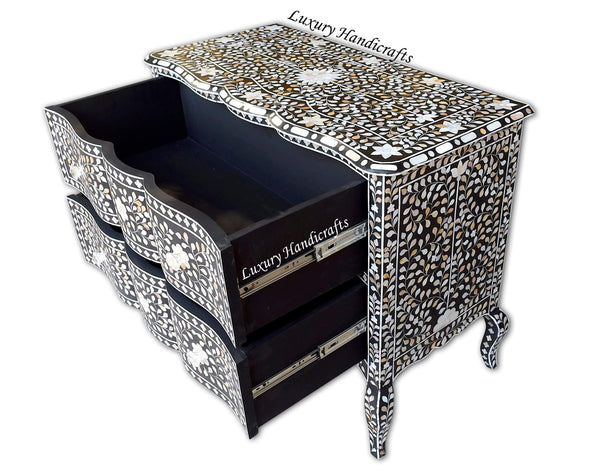 Mother Of Pearl Inlay Chest 2 Curved Drawer Floral Design Black