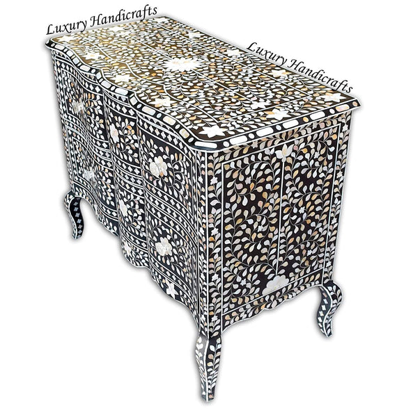 Mother Of Pearl Inlay Chest 2 Curved Drawer Floral Design Black