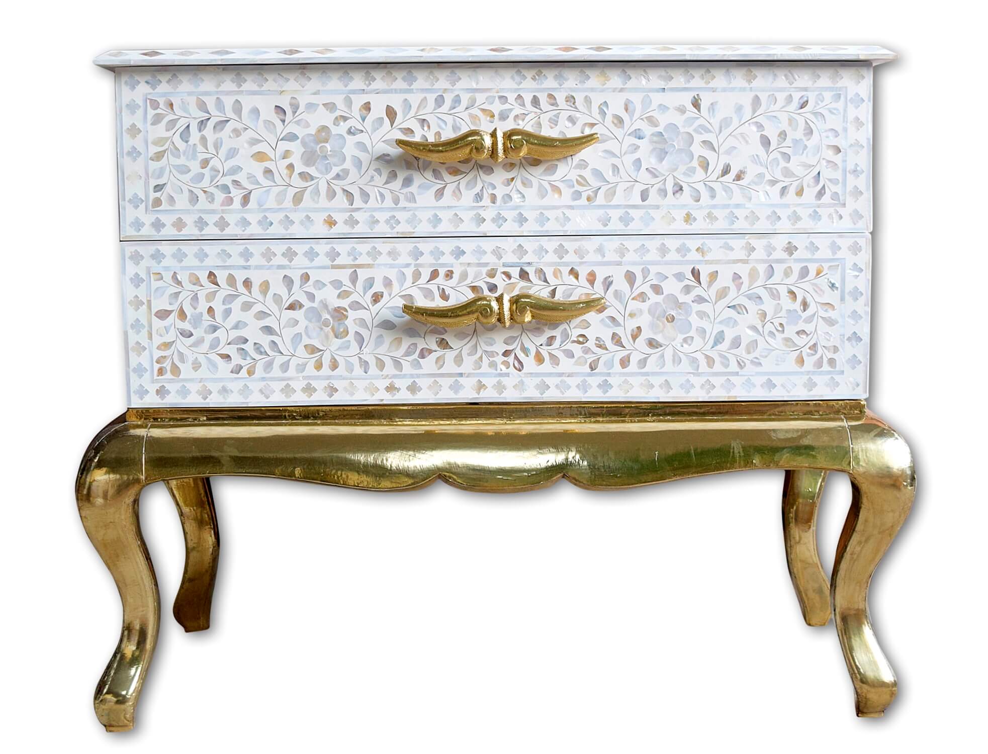 Royal Mother Of Pearl Inlay 2 Drawer Chest Brass Base White