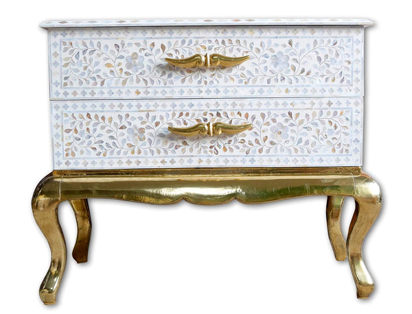 Royal Mother Of Pearl Inlay 2 Drawer Chest Brass Base White