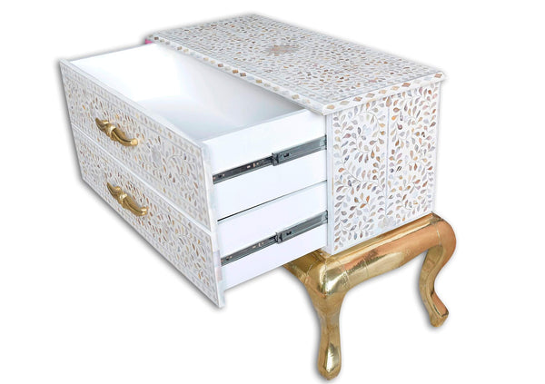 Royal Mother Of Pearl Inlay 2 Drawer Chest Brass Base White