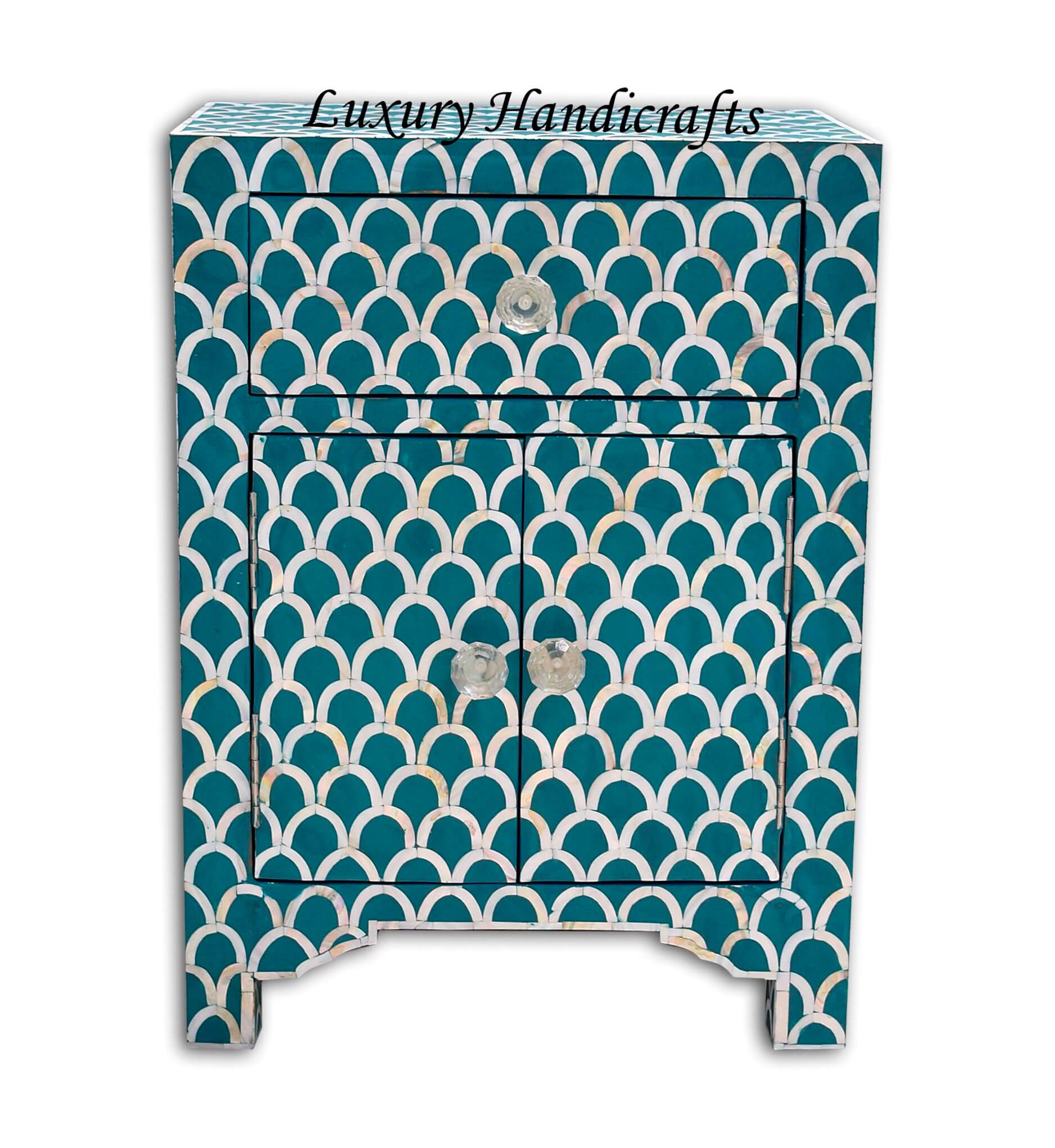 Mother Of Pearl Inlay 1 Drawer 2 Door Fishscale Design Bedside Teal Green