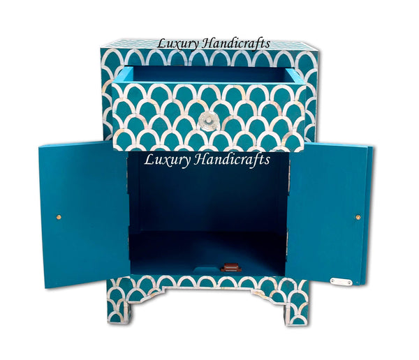 Mother Of Pearl Inlay 1 Drawer 2 Door Fishscale Design Bedside Teal Green
