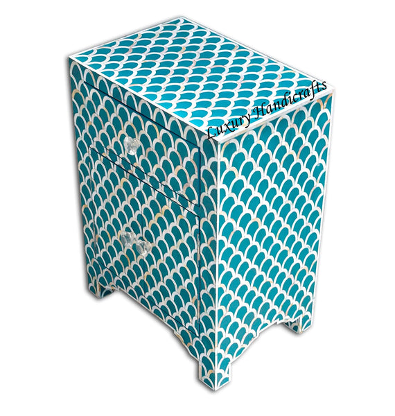 Mother Of Pearl Inlay 1 Drawer 2 Door Fishscale Design Bedside Teal Green