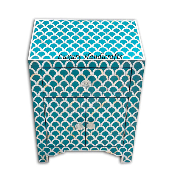 Mother Of Pearl Inlay 1 Drawer 2 Door Fishscale Design Bedside Teal Green