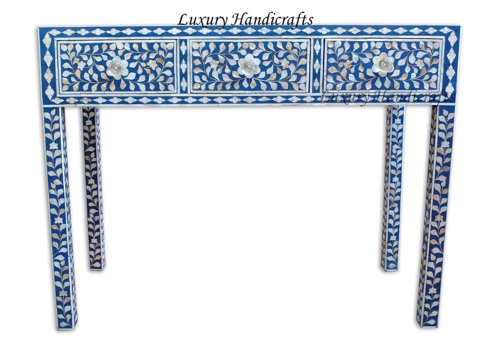 Blue Mother Of Pearl Inlay Floral 3 Drawer Console Table