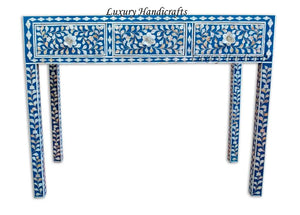 Blue Mother Of Pearl Inlay Floral 3 Drawer Console Table