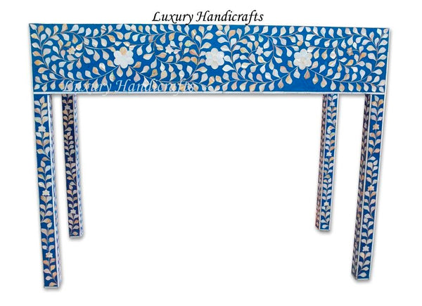 Blue Mother Of Pearl Inlay Floral 3 Drawer Console Table