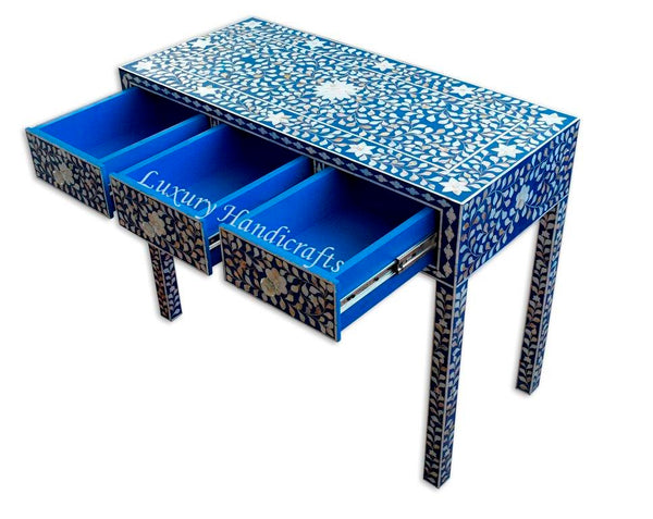 Blue Mother Of Pearl Inlay Floral 3 Drawer Console Table
