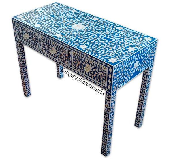 Blue Mother Of Pearl Inlay Floral 3 Drawer Console Table