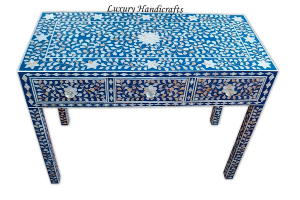 Blue Mother Of Pearl Inlay Floral 3 Drawer Console Table
