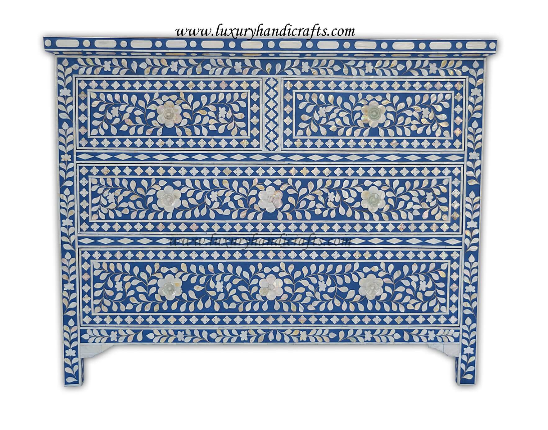 Mother Of Pearl Inlay Floral Chest Of Four Drawers Blue