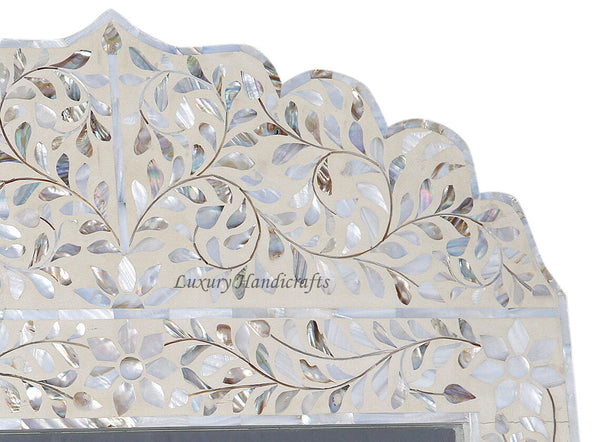 Mother Of Pearl Inlay Floral Crested Mirror Ivory