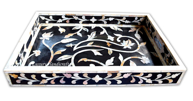 Mother Of Pearl Inlay Flower Tray Black 1
