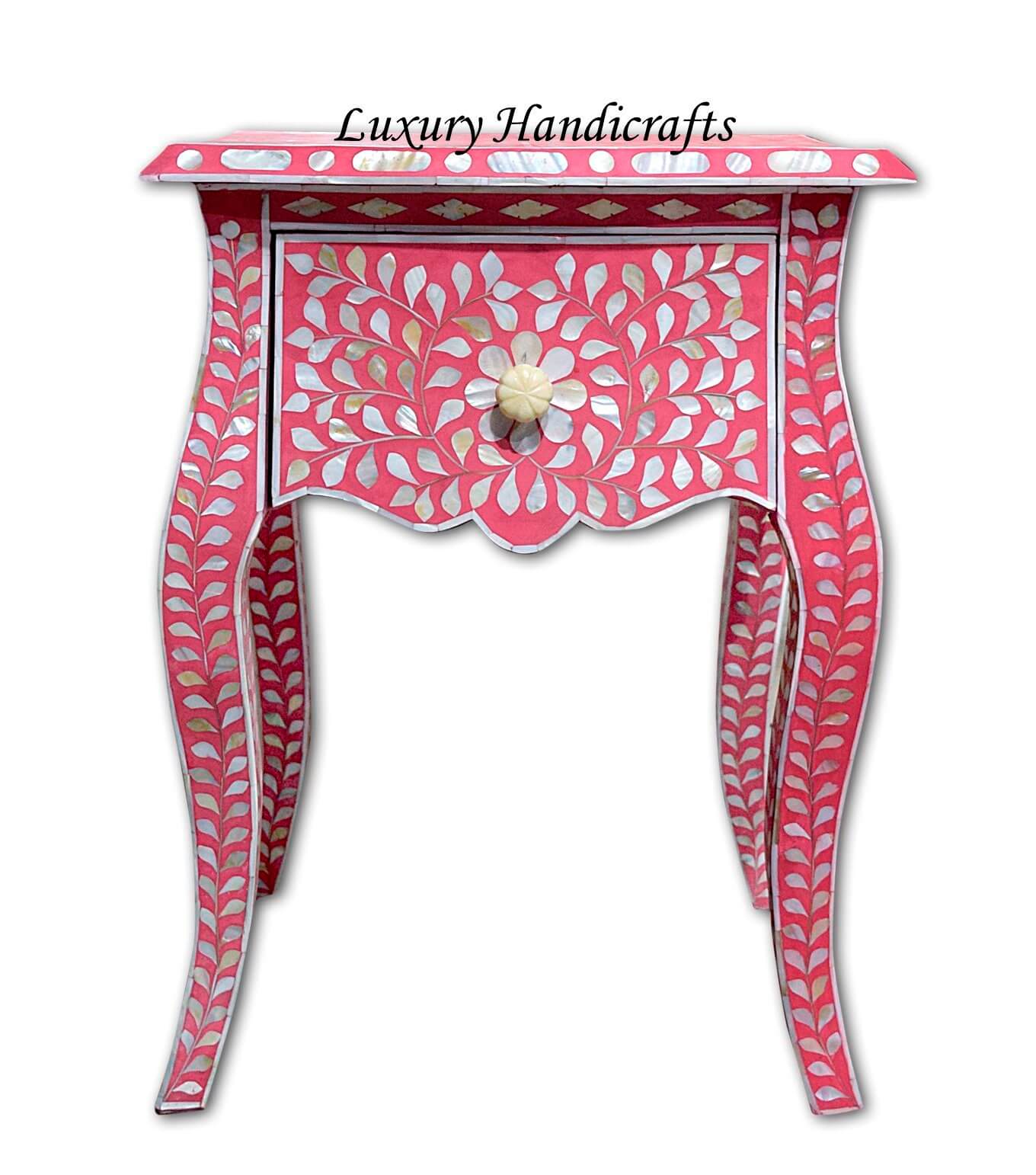 Pink Mother Of Pearl Inlay French Bedside 1 Drawer Floral Design