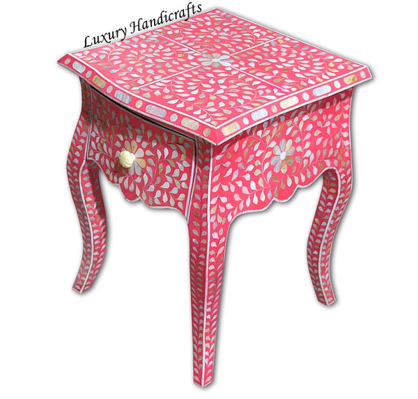 Pink Mother Of Pearl Inlay French Bedside 1 Drawer Floral Design