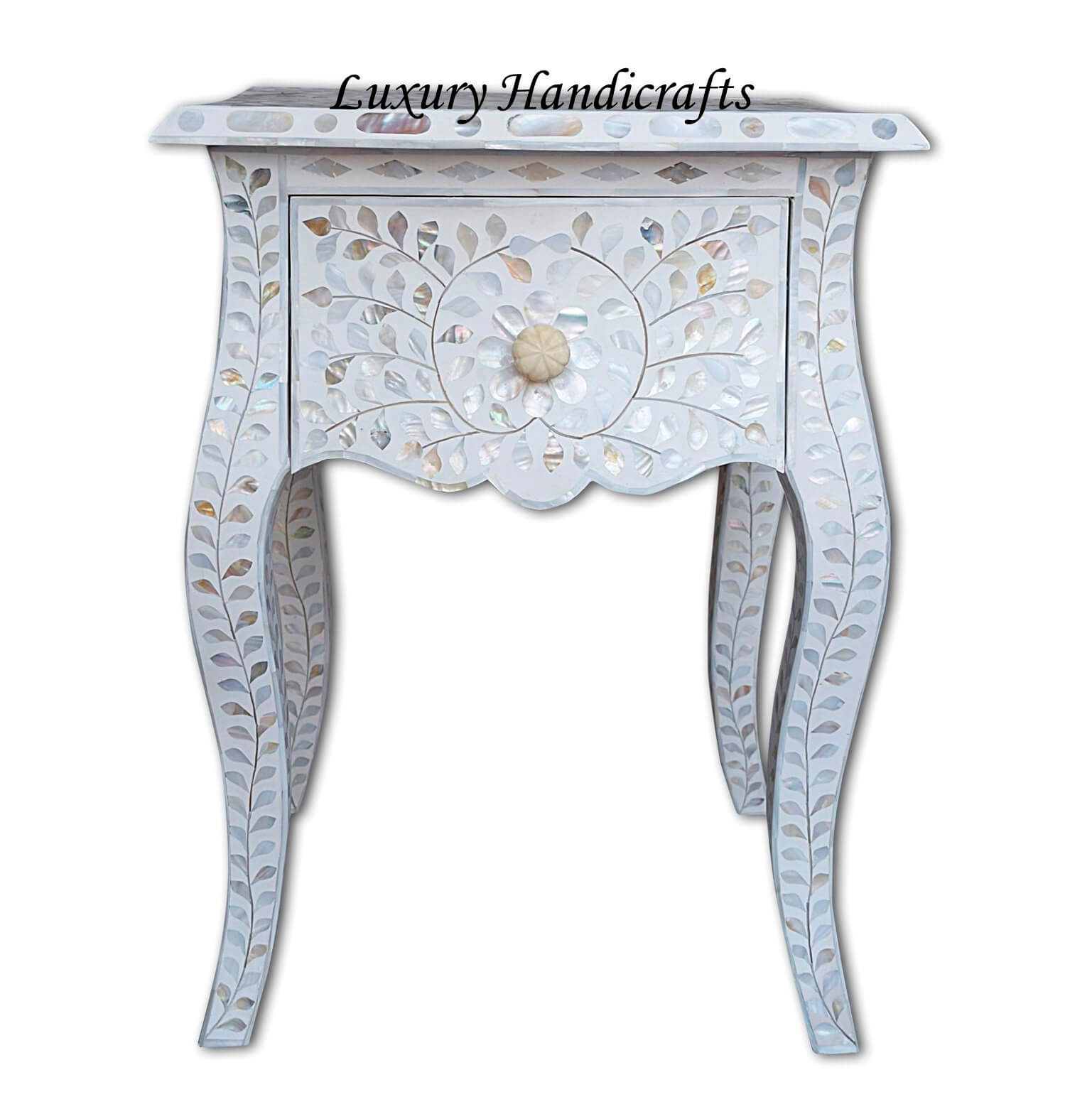 White Mother Of Pearl Inlay French Bedside 1 Drawer Floral Design
