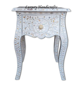White Mother Of Pearl Inlay French Bedside 1 Drawer Floral Design