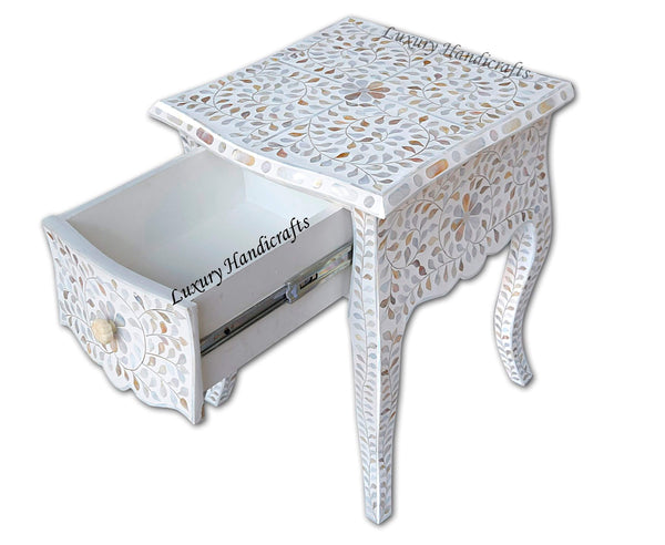 White Mother Of Pearl Inlay French Bedside 1 Drawer Floral Design