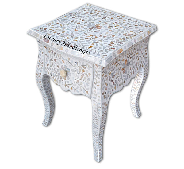 White Mother Of Pearl Inlay French Bedside 1 Drawer Floral Design