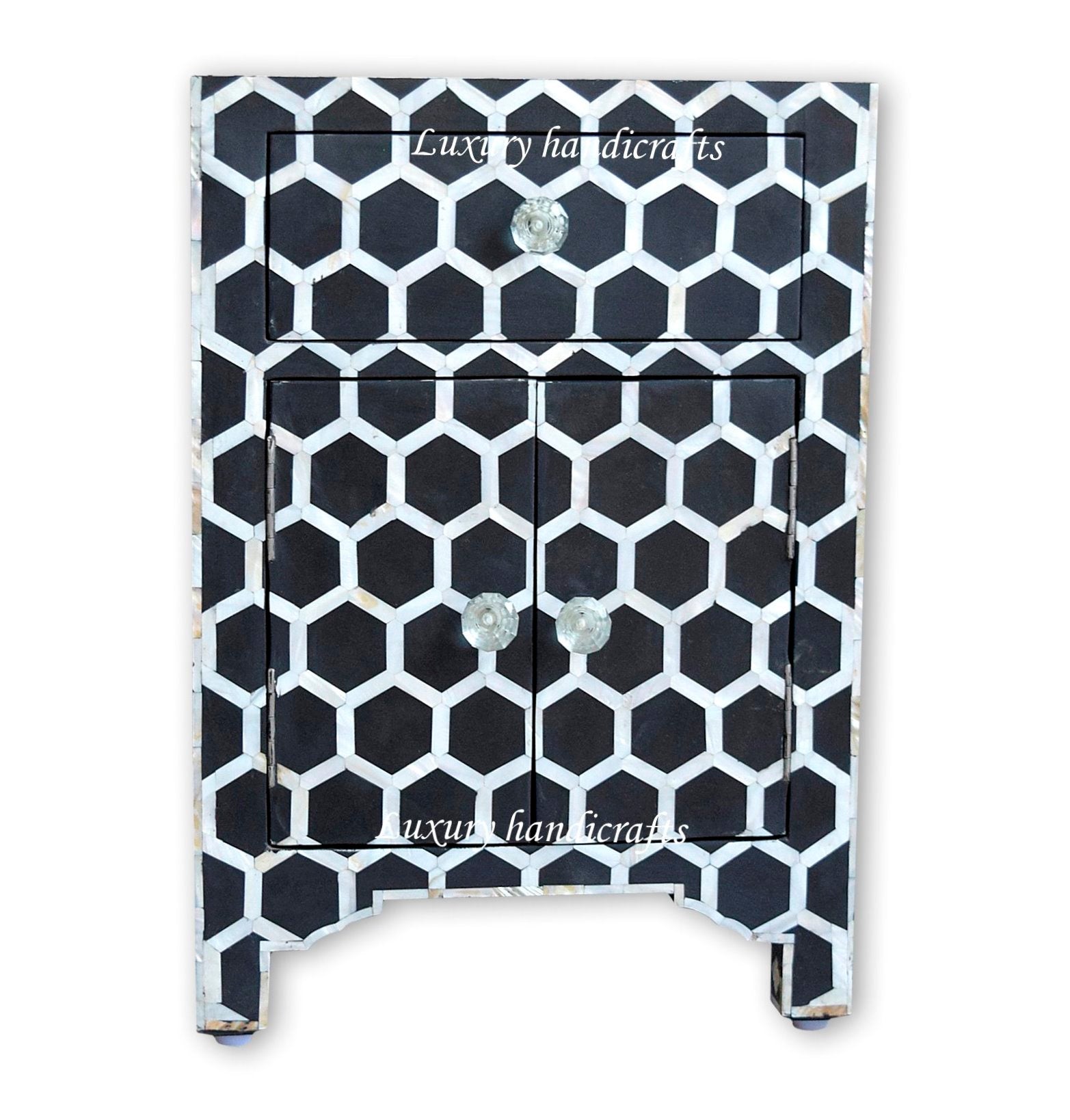Black Mother Of Pearl Inlay Nightstand Honeycomb Bedside