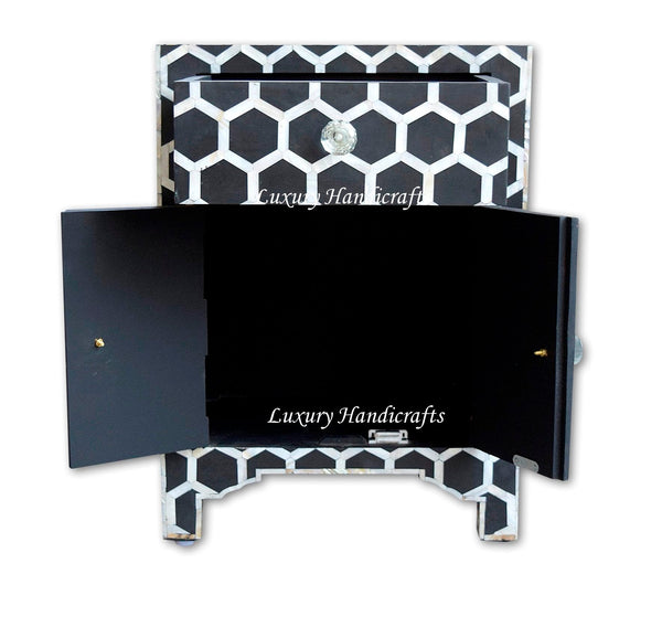 Black Mother Of Pearl Inlay Nightstand Honeycomb Bedside