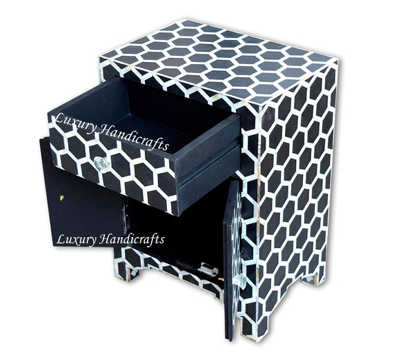 Black Mother Of Pearl Inlay Nightstand Honeycomb Bedside