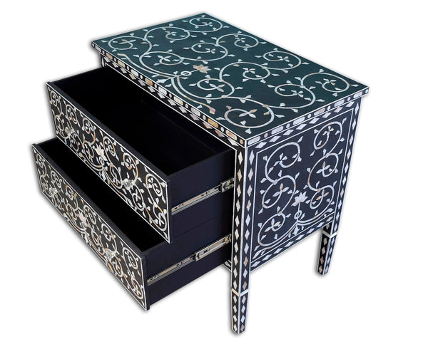 Black Mother Of Pearl Inlay Lotus 2 Drawer Chest 3