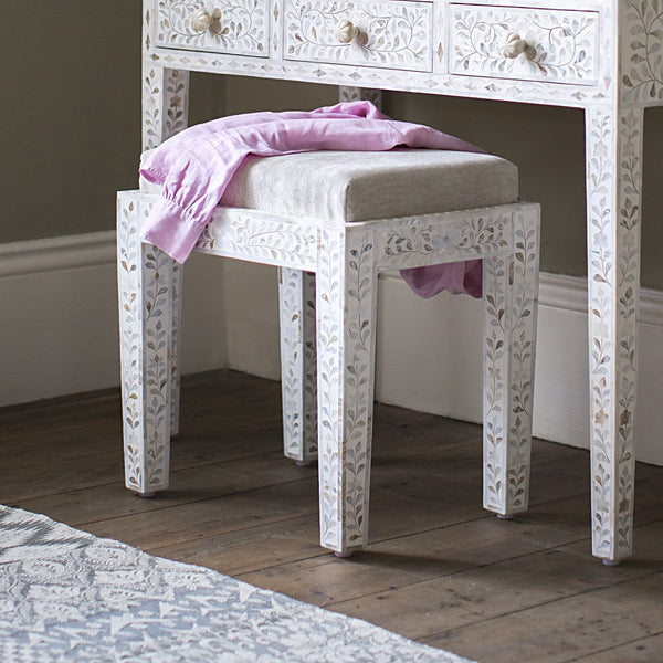 Mother Of Pearl Inlay Floral Stool White