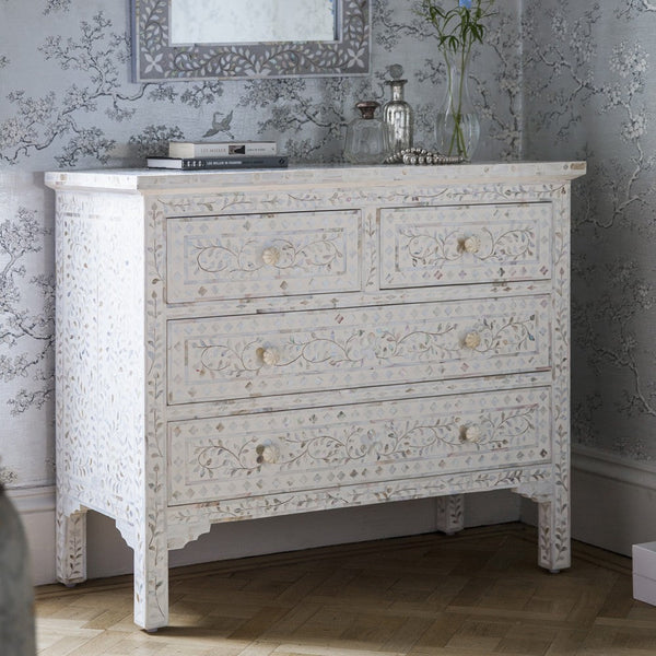 Mother Of Pearl Inlay Floral Chest Of Four Drawer White 2