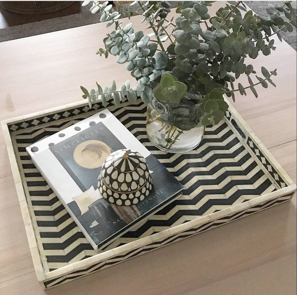 Black Rectangle Chevron Pattern Bone Inlay Tray