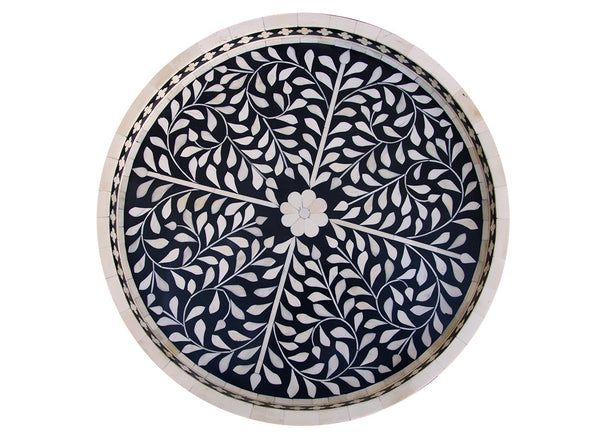 Small Round Bone Inlaid Tray Floral Design Black