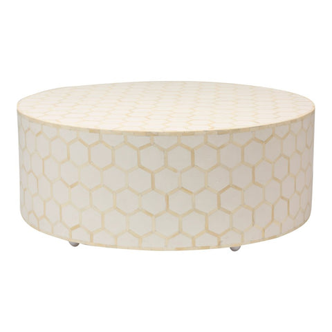Bone Inlaid Round Coffee Table Honeycomb White