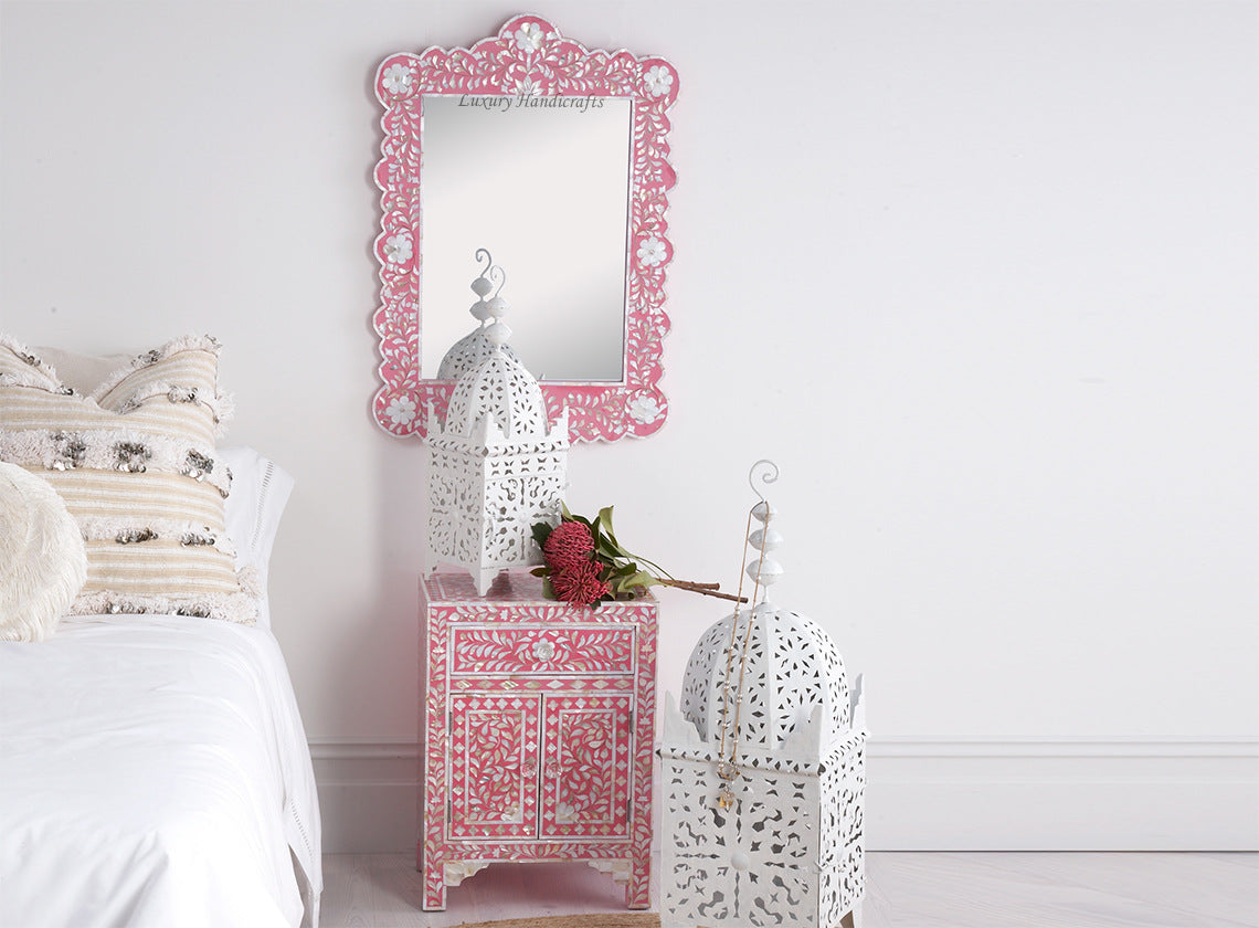 Mother Of Pearl Inlay Scalloped Mirror Pink