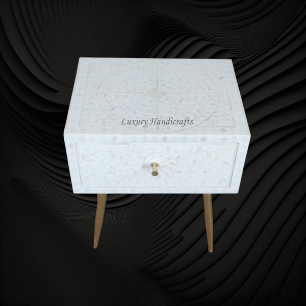 Scroll Vine Bone Inlay Bedside White 2