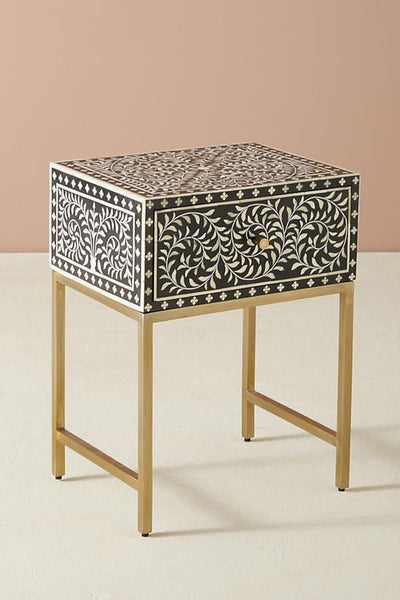 Scroll Vine Bone Inlay Nightstand Black