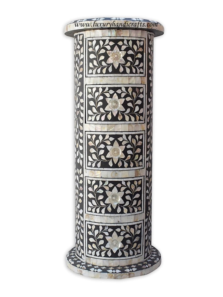 Round Side Table Mother Of Pearl Inlay Floral Design Black