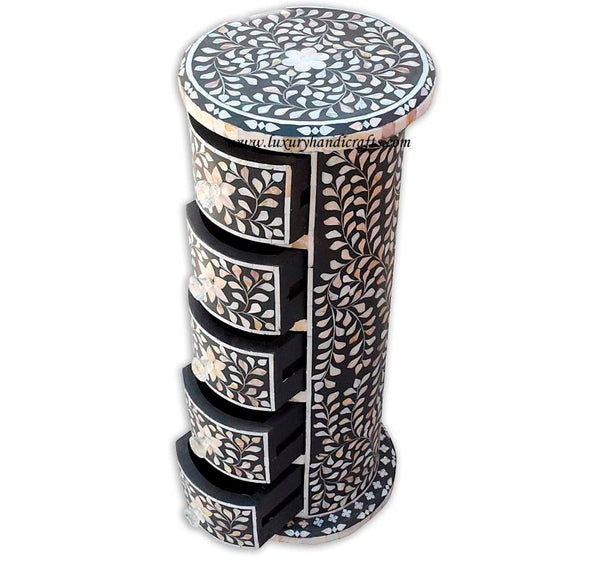 Round Side Table Mother Of Pearl Inlay Floral Design Black
