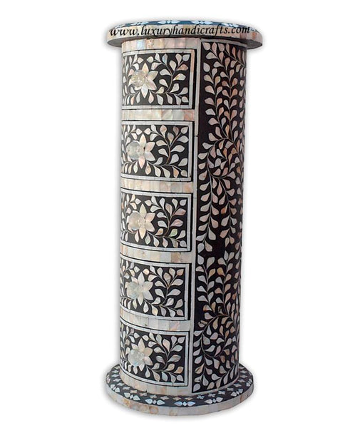Round Side Table Mother Of Pearl Inlay Floral Design Black