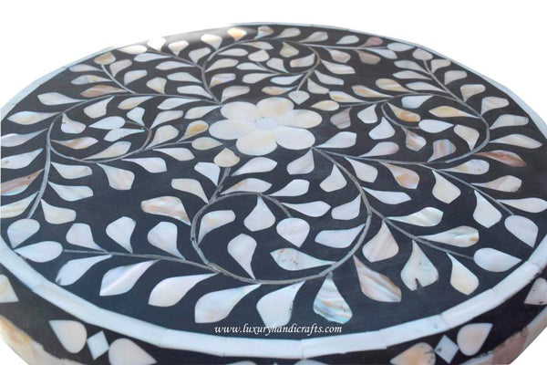 Round Side Table Mother Of Pearl Inlay Floral Design Black