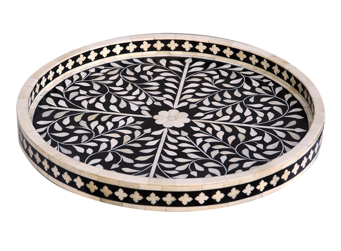 Small Round Bone Inlaid Tray Floral Design Black