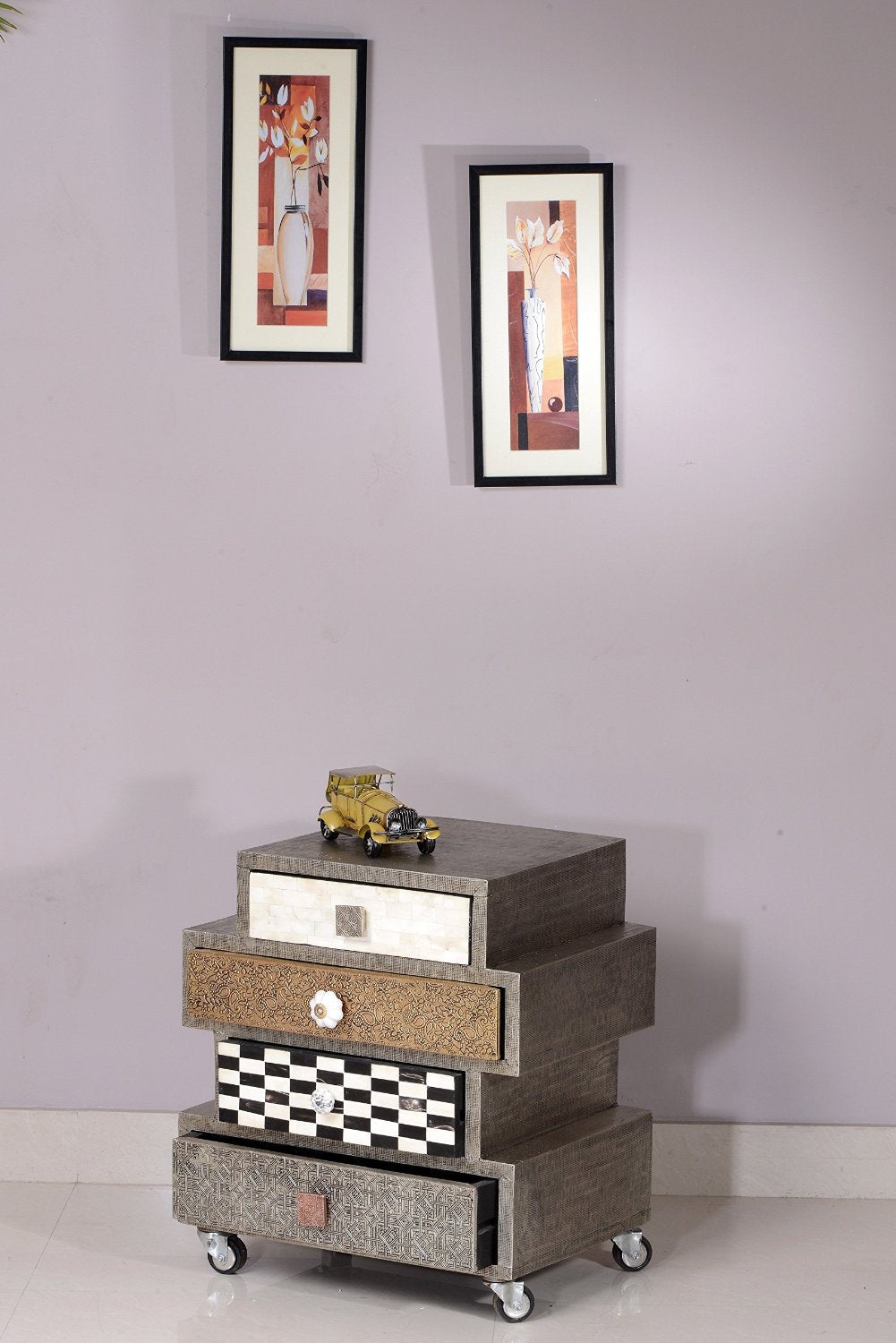 Small Designer Chest of 4 Drawer Brass Metal Bone