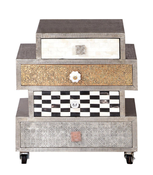 Small Designer Chest of 4 Drawer Brass Metal Bone