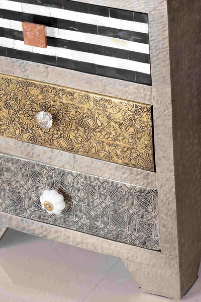 Three Drawer Small Bedside Chest of Metal Brass Bone
