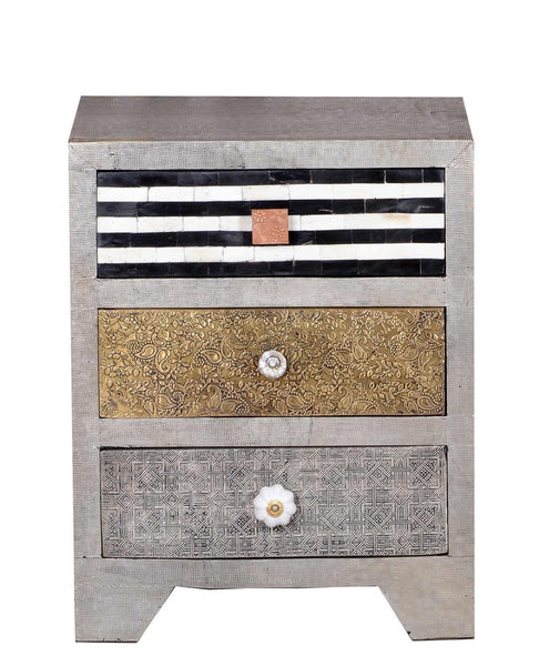Three Drawer Small Bedside Chest of Metal Brass Bone