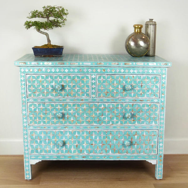 Mother Of Pearl Inlay 4 Drawer Star Chest Turquoise