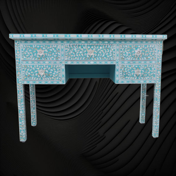 Turquoise Mother Of Pearl Inlay 5 Drawer Desk
