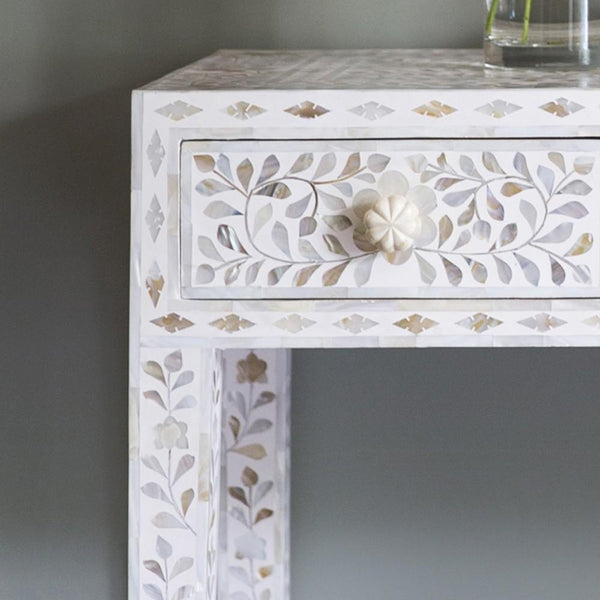 Floral Mother of Pearl Console Table 3 Drawers White