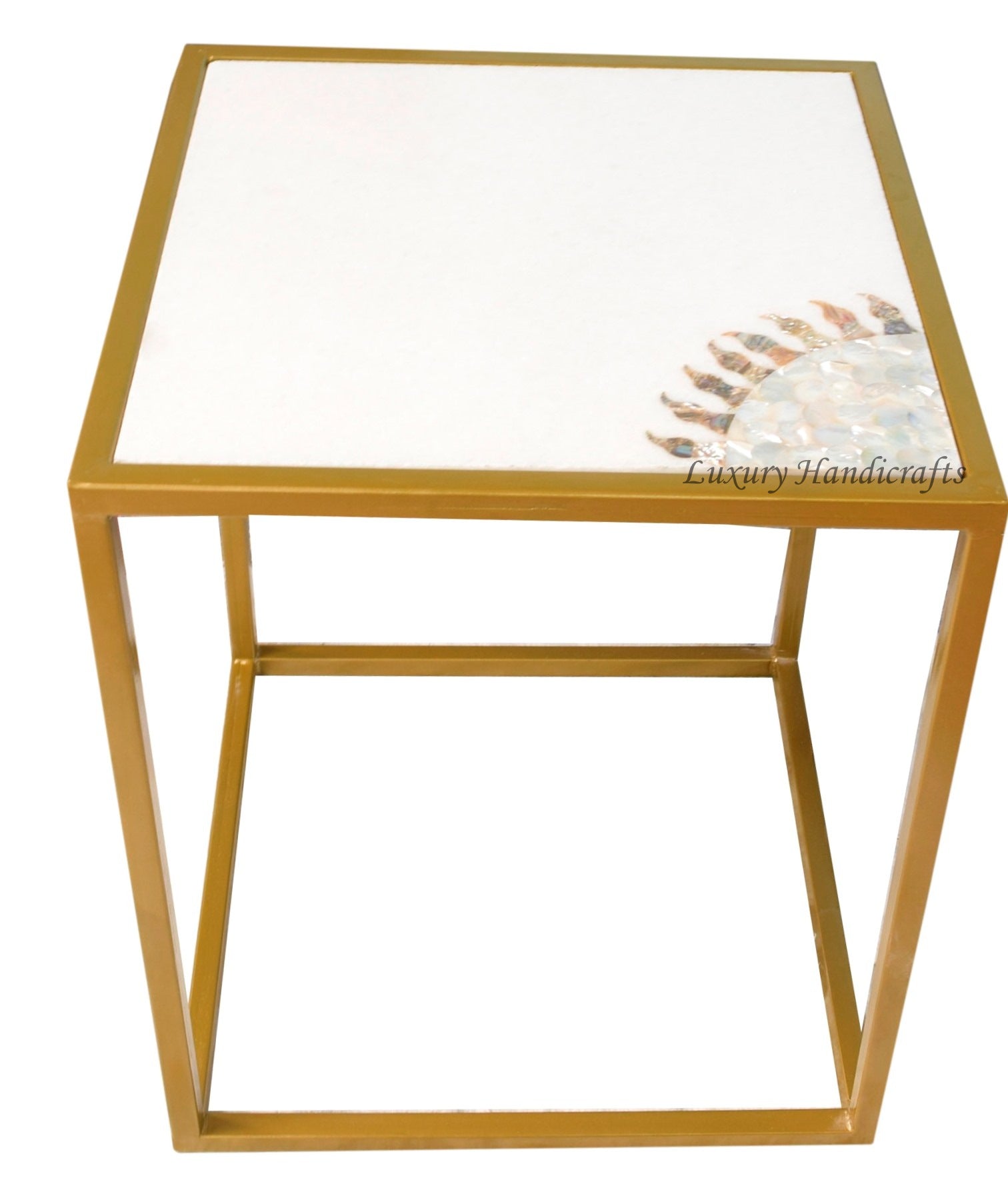 White Vietnamese Marble Side Table With Mop Inlay