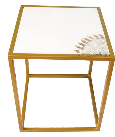 White Vietnamese Marble Side Table With Mop Inlay